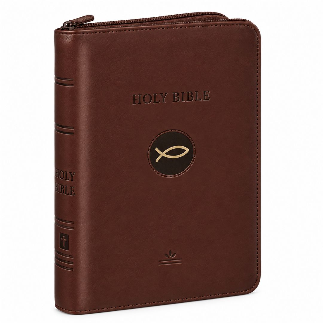 Biblia de Bolsillo, Imitación Piel, Letra Pequeña, Café – Diseño Pez